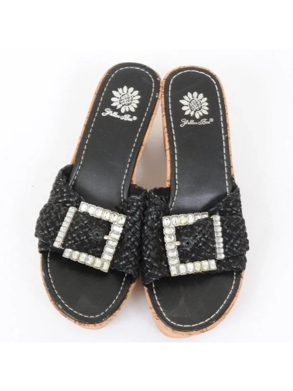 Yellow Box Women's 8 Chunky Rhinestone Buckle Vegan Leather Cork Wedge Slides